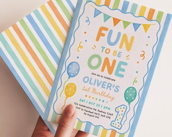 Fun to Be One Birthday Invitation: Rainbow Stripes Boy First Birthday Canva Template, FUN7