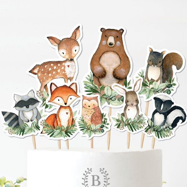 Greenery Woodland Cake Toppers, Rustic Forest Animals Baby Shower Favors, Wild One 1st Birthday Decor Centerpiece Instant Download, WOOD24