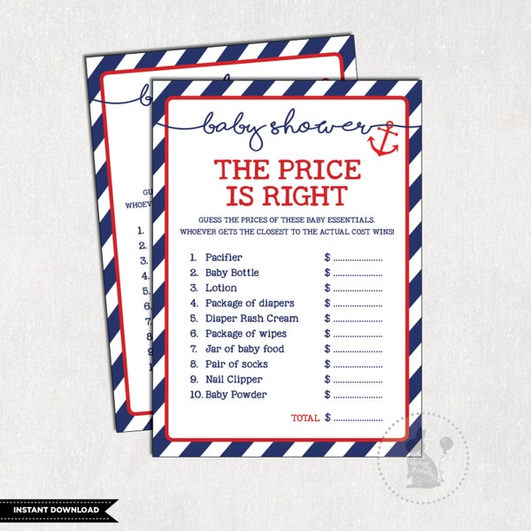 Nautical PRICE IS RIGHT Game. Nautical Baby Shower Printable Game. Anchor Shower Activity. Navy and Red. Ahoy It's a Boy. Anchors Away NAU1