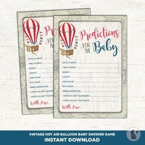 BABY VOORSPELLING kaart. Voorspellingen voor baby. Raad babystatistieken. Vintage heteluchtballon-babyshowerspel. Avontuurlijk babyzwembad. HAB1