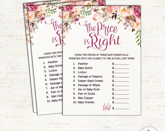 Shabby Floral PRICE IS RIGHT Game. Bohemian Baby Shower Printable Game. Rustic Shower Activity. Watercolor Flowers. Boho Shower Game. FLO7