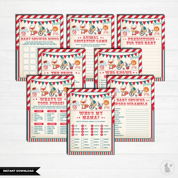 Carnival Baby Shower GAMES PACKAGE. 8 Vintage Circus Themed Baby Printable Games. Price Is Right. Purse Game. Bingo. Baby Predictions. CAR1