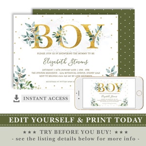 EDITABLE Greenery Boy Baby Shower Invitation / DIY Template / Elegant Watercolor Botanical Printable / Green Gold Instant Download / BOT9 image 2