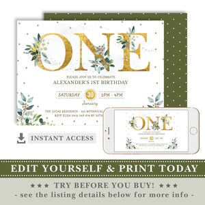 Greenery Boy 1st Birthday Invitation / DIY EDITABLE INVITE / Elegant Watercolor Foliage Printable / Green Gold Instant Download / BOT9 image 2