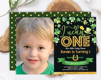 Green Gold Shamrock 1st Birthday Invitation. St Patrick's Day Lucky One Printable Invite. Lucky Charm Chalkboard EDITABLE TEMPLATE. SP1