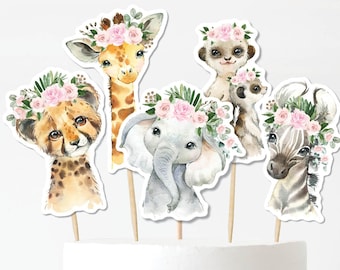Girl Jungle Cake Toppers, Pink Floral Safari Animals Baby Shower, Wild One 1st Birthday Table Decor Centerpiece Téléchargement instantané, JUN16