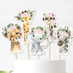 Girl Jungle Cake Toppers, Pink Floral Safari Animals Baby Shower, Wild One 1st Birthday Table Decor Centerpiece Instant Download, JUN16
