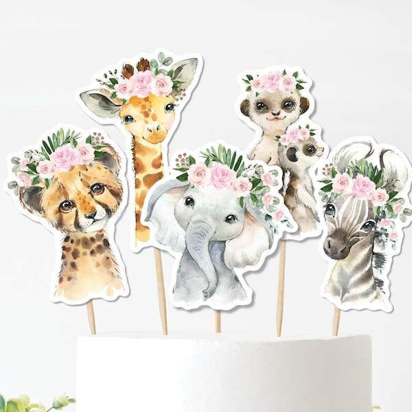 Girl Jungle Cake Toppers, Pink Floral Safari Animals Baby Shower, Wild One 1st Birthday Table Decor Centerpiece Instant Download, JUN16