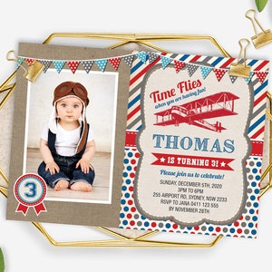 Editable Airplane Birthday Invitation Template, Vintage Aviator Pilot Party Theme, Baby Boy, Time Flies Printable Instant Download, AP2