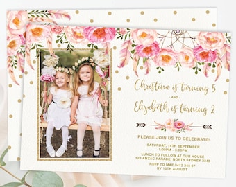 Floral Sibling Birthday Invitation. Joint Birthday Party Invite. Pink and Gold Twins Sisters Birthday Invitation. EDITABLE TEMPLATE. FLO12A