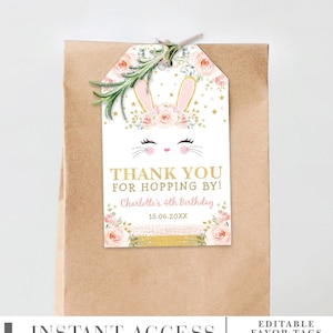 EDITIERBARE Mädchen Bunny Baby Shower Favor Tags. Rosa Gold Hase Geburtstagsparty zum ausdrucken. Floraler Osterhase Danke Tag Download. BUN13