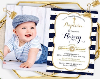 Editable Baptism Invitation Template with Photo Baby Boy Christening Holy Communion Navy Stripes Gold Glitter Instant Download BAP4