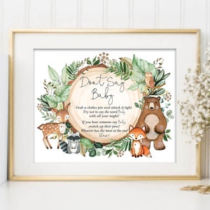 No digas signo de bebé, juego de baby shower de Greenery Woodland, juego de pin de ropa de animales del bosque, descarga digital de niño rústico, WOOD24