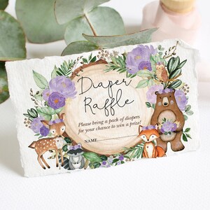 Woodland Animals Diaper Raffle Printable, Purple Flower Forest Baby Shower, Rustic Woodland Greenery Baby Girl Instant Download, WOOD36