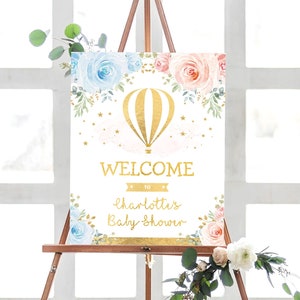 Editable Hot Air Balloon Welcome Sign Template. Twins Baby Shower Decorations. Neutral Gender Reveal Adventure Instant Download. HAB8