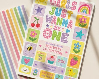 Girls Just Wanna Be One Birthday Invitation: Girl First Birthday Canva Template Download, FUN9