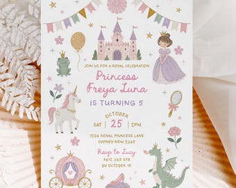 Princess Birthday Invitation, Royal Fairytale Girl Birthday Editable Canva Template Download, PR1
