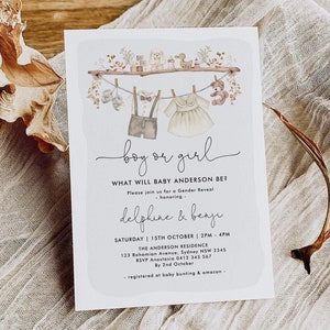 Modèle d'Invitation de baby shower de genre neutre, invitez des vêtements Boho garçon ou fille, lui ou elle, téléchargement imprimable pour chambre d'enfant moderne, NR1