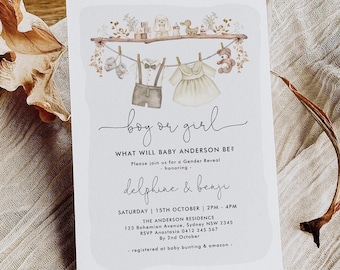 May include: A gender reveal invitation with a watercolor illustration of a clothesline with baby clothes hanging on it. The text reads "boy or girl? What will baby Anderson be?" and includes the names "Delphine & Benje".