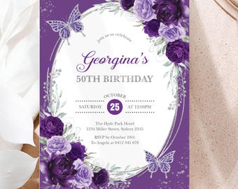 Può includere: Un biglietto d'invito di compleanno rettangolare con uno sfondo viola intenso e un centro ovale bianco. Il design include rose viola scure e chiare, illustrazioni di farfalle argentate e il testo Georgina's 50TH BIRTHDAY, OCTOBER 25, SATURDAY AT 12:00PM, The Hyde Park Hotel, 1234 Miller Street, Sydney 2345, RSVP by October 10th To Angela at 0412 345 678.