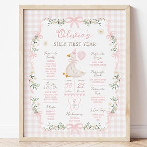 May include: A framed pink and white poster with the text "Olivia's Silly First Year." The poster features a cartoon goose holding a balloon, surrounded by floral and bow accents. It lists favorite foods, songs, toys, and other details.