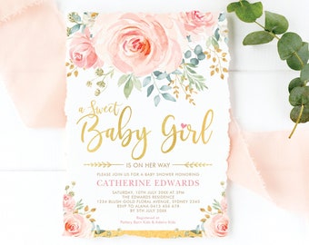 Editable Blush Floral Baby Shower Invitation. Soft Pink Gold Watercolor Flower Sweet Baby Girl Sprinkle Printable Download. FLO28