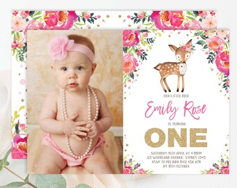 EDITABLE Deer Birthday Invitation Template. Pink Gold Floral Woodland Printable. Forest Fawn Invite INSTANT DOWNLOAD. DEER4