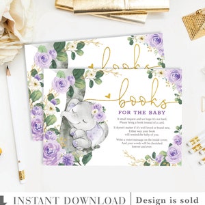 Libros De Baby Shower De Elefante Floral Morado Para Tarjeta Imprimible De Bebé. Acuarela Selva Verde Lavanda Flores DESCARGA INSTANTE. EL11