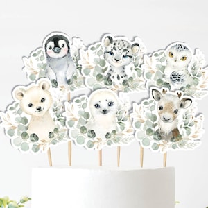 Arctic Animals Cake Toppers, Winter Onederland Birthday, Greenery Gold Holiday Baby Shower Table Decor Centerpieces Instant Download, WINT24
