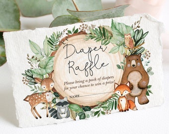 Sorteio de fraldas Greenery Woodland para impressão. Inserção de convite para chá de bebê de animais bonitos da floresta. Deer Fox Bear Owl DOWNLOAD INSTANTÂNEO. MADEIRA24