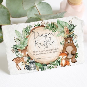 Greenery Woodland Diaper Raffle Printable. Cute Forest Animals Baby Shower Invitation Insert. Deer Fox Bear Owl INSTANT DOWNLOAD. WOOD24