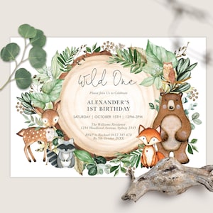 Woodland Birthday Invitation. Forest Greenery 1st First Birthday Printable Invite. Wild One. Cute Animals. EDITABLE TEMPLATE. WOOD24