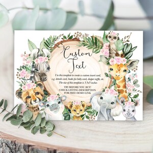 EDITIERBARE Mädchen Dschungel Einlage Karte Vorlage, Safari Tiere Baby Shower Gehege Karte, Rosa Blumen Wild One 1. Geburtstag Download, JUN16