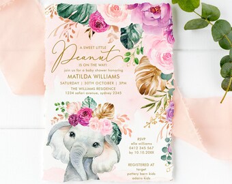 May include: A pink and green baby shower invitation with a watercolor illustration of an elephant with a floral crown. The text reads "A Sweet Little Peanut Is On The Way!" and includes the baby's name, Matilda Williams, the date and time of the shower, and the location. The invitation also includes RSVP information and details about where to register gifts.