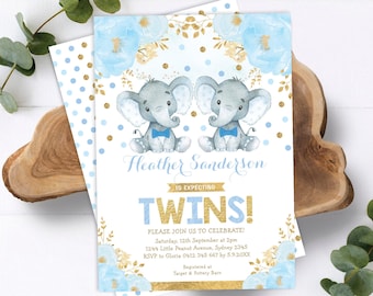 EDITABLE Twin Boys Elephant Baby Shower Invitation Template. Blue Gold Little Man Printable Invite. Instant Download. EL6