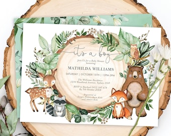Boy Woodland Baby Shower Invitation. Forest Animals Watercolor Greenery Printable Invitation EDITABLE TEMPLATE. WOOD24