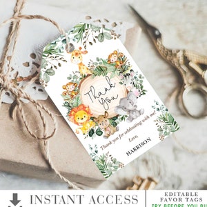 Dschungeltiere Favor Tags. Greenery Safari Wild One Party zum ausdrucken. Baby Shower Dankeschön Tag. EDITIERBARE VORLAGE. Sofortiger Download. JUN11