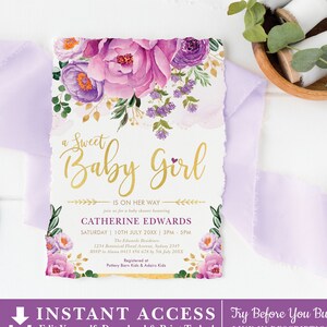 May include: A purple and gold baby shower invitation with floral designs. The invitation reads "a Sweet Baby Girl is on her way" and includes the name Catherine Edwards, the date and time of the shower, and the location. The invitation also includes the text "Registered at Pottery Barn Kids & Adairs Kids".