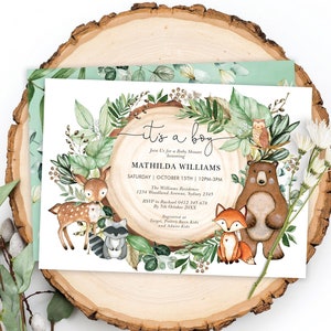 Boy Woodland Baby Shower Invitation. Forest Animals Watercolor Greenery Printable Invitation EDITABLE TEMPLATE. WOOD24