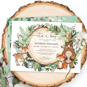 Junge Wald-Babyparty-Einladung. Waldtiere Aquarell Grün druckbare Einladung EDITIERBARE VORLAGE. HOLZ24