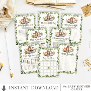 Cute Woodland Animals Baby Shower Games Package. Greenery Forest Botanical Shower Printable. Downloadable Games. INSTANT DOWNLOAD. BOT5 image 1