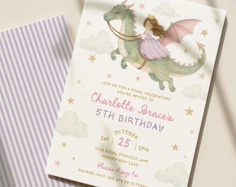 Dragon Princess Birthday Invitation, Royal Fairytale Girl Birthday Canva Template Digital Download, PR1