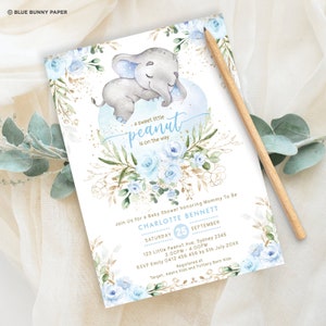 Sleepy Elephant Baby Shower Invitation, Blue Gold Floral Elephant Invite, Soft Blue Flower Little Peanut Printable EDITABLE TEMPLATE, EL18