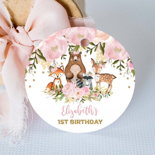 Blush Floral Woodland Baby Shower MODIFIABLE modèle d'étiquette ronde, or rose animaux de la forêt fille faveurs de fête d'anniversaire, 2" Cupcake Topper FLO18G