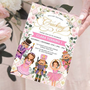 Pink Gold Nutcracker Birthday Invitation, Sugar Plum Fairy Invite, Girl Winter Onederland Holiday Party Printable, EDITABLE TEMPLATE, NC2