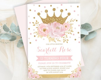 Crown Princess Birthday Invitation EDITABLE Template. Blush Pink Gold Watercolor Floral Printable Invitation Download. FLO18I