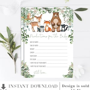 Voorspellingen voor baby afdrukbaar. Groen bosdieren babyshowerspel. Aquarel bosvoorspellingskaart. DIRECTE DOWNLOAD. HOUT24