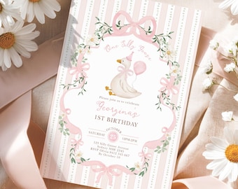 One Silly Goose 1st Birthday Invitation, Pink Bow Silly Goose Birthday Party Invite, Daisy Floral Goose First Birthday Editable Template SG1
