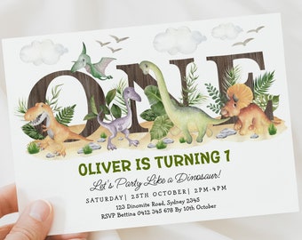 Dinosaur First Birthday Invitation Editable Template Baby Boy Birthday Dino Party Theme Printable Invite Corjl Instant Download DIN3