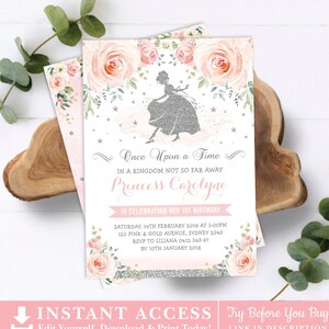 BEWERKBARE prinses verjaardagsuitnodiging. Assepoester afdrukbare uitnodiging. Zilver Blush roze bloemen sjabloon INSTANT DOWNLOAD. FLO28S